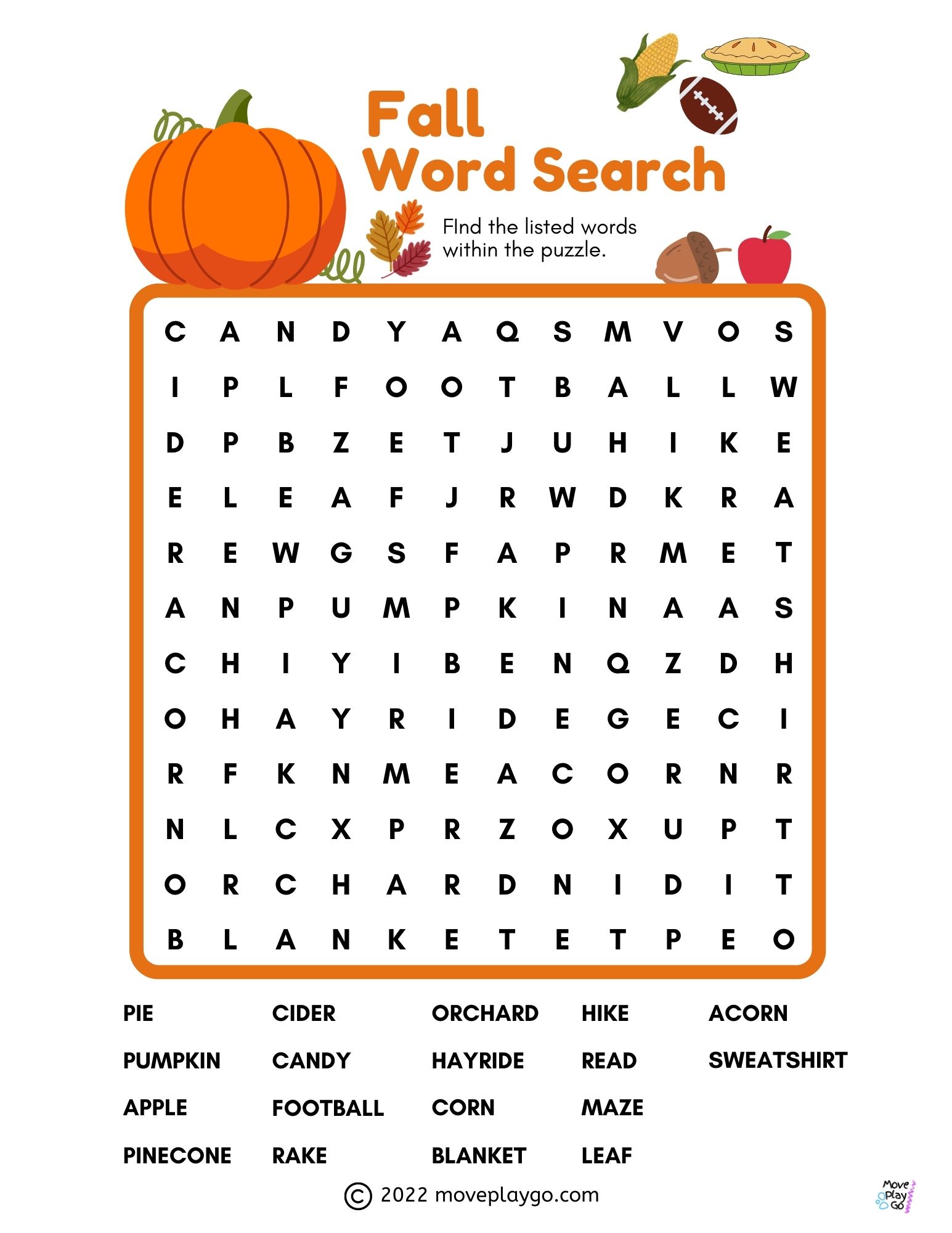 Fall World Seach Fall Word Search For Kids - Move Play Go